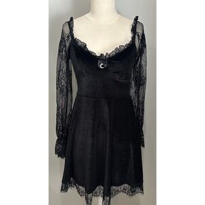 Black Velvet Lace Dress Sheer Sleeves Moon Charm Gothic Witchy Whimsigoth Small